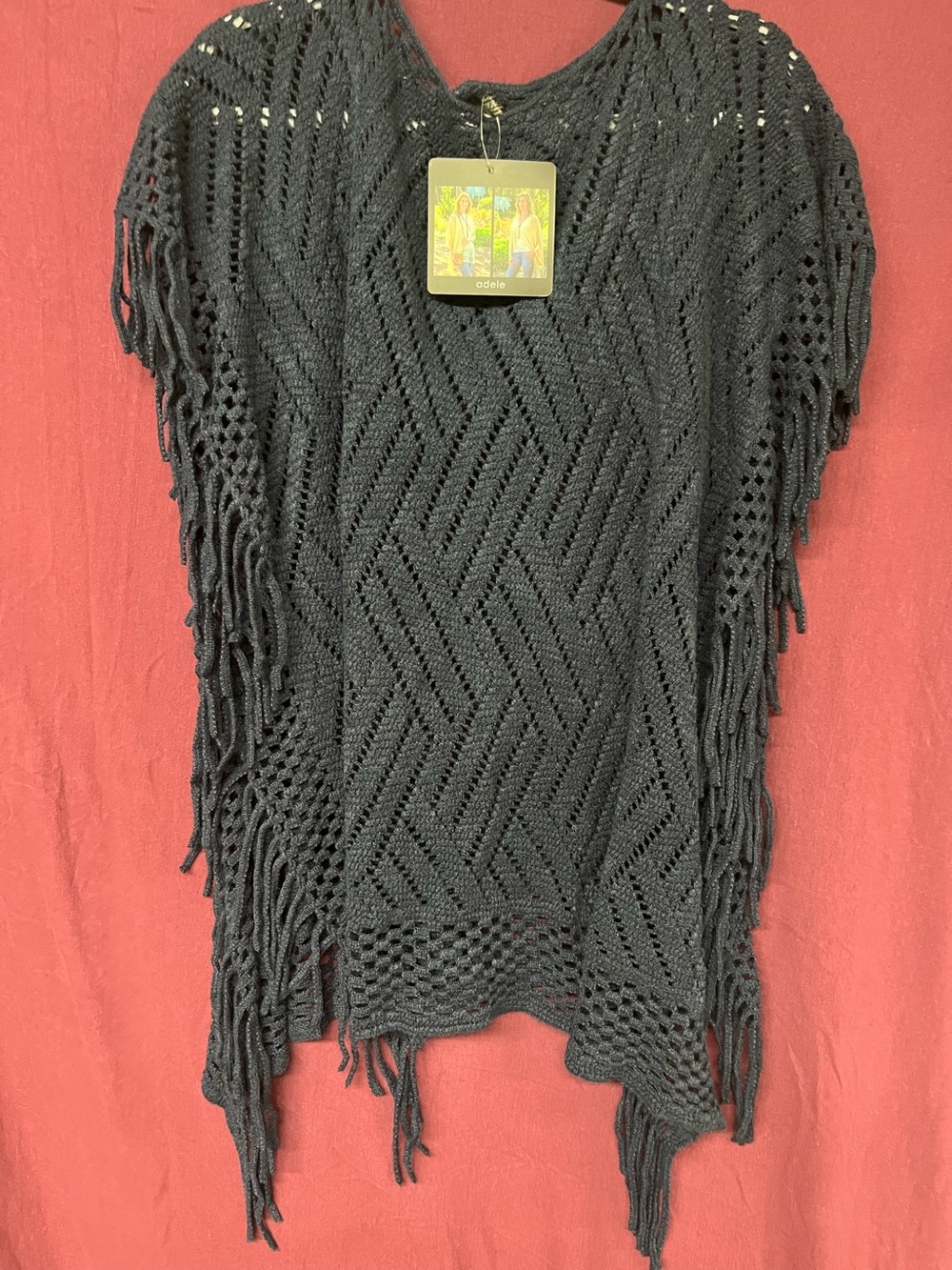 Adelle Black Crochet Fringe Women's Poncho Sweater